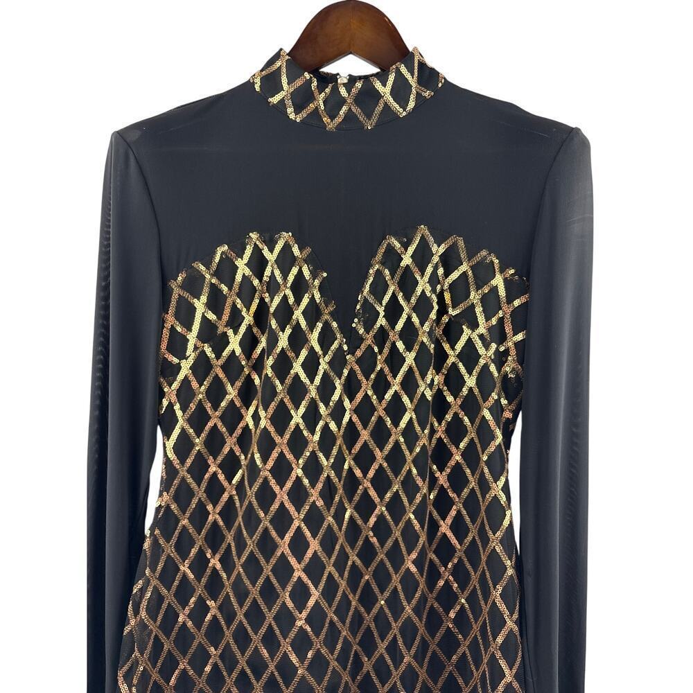 Women’s Reaqka XL Black Mesh Long Sleeve Mockturtleneck Dress w/ Gold Sequins - Picture 2 of 6